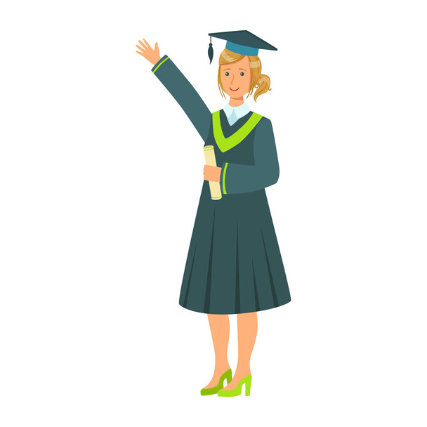 Πτυχιούχος κοπέλα φοιτητής στο μανδύα κατέχουν δίπλωμα κύλισης και υψώνοντας το χέρι της. Πολύχρωμα καρτούν εικονογράφηση - Διάνυσμα, εικόνα