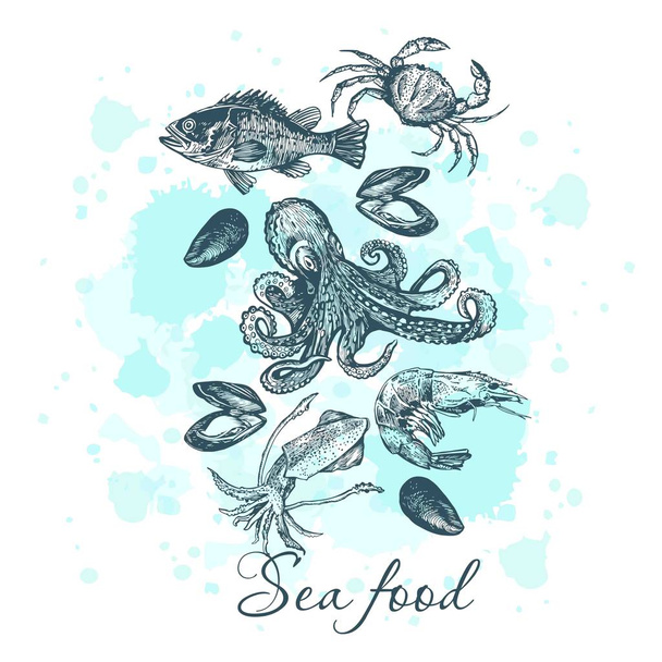 Graphic card with sea food - Vektör, Görsel