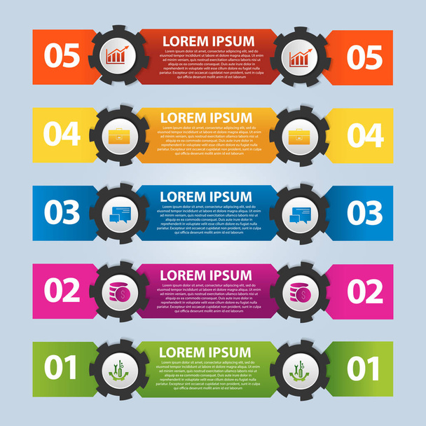 Vector illustration. Infographic template with the image of 5 rectangles and gears. 3d style with five steps. Used for business presentations, education, web design. Place for text and icons - Vektor, Bild