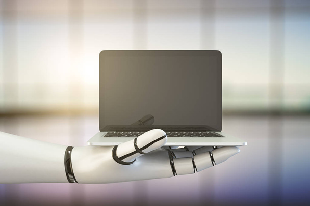 Side view of robot's hand holding laptop with empty screen on blurry interior background. Mock up, 3D Rendering. Progress concept - Foto, Bild