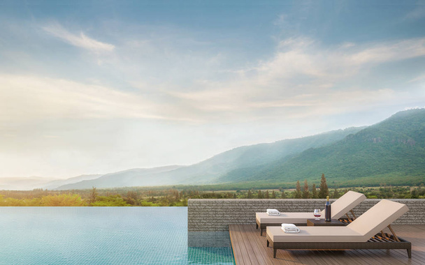 Swimming pool terrace with mountain view 3d rendering image - Fotografie, Obrázek