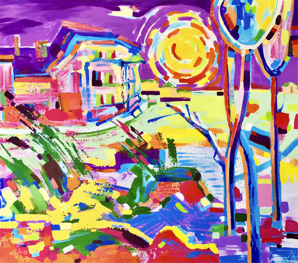 η ζωγραφική του πολύχρωμο Αγροτικού τοπίου - Διάνυσμα, εικόνα