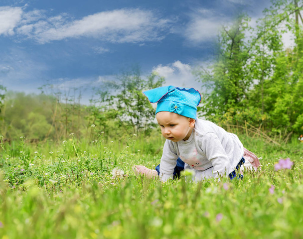 Pequeno bebê bonito brincando no prado florido
 - Foto, Imagem