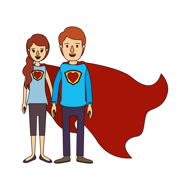 colorful silhouette cartoon full body couple super hero with heart symbol in uniform - Vector, Image