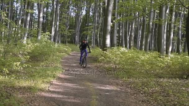 Człowiek z plecakiem przejażdżki rowerowe w lesie - Materiał filmowy, wideo