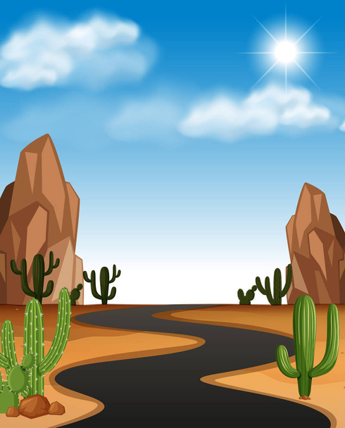 道路とサボテン砂漠シーン - ベクター画像