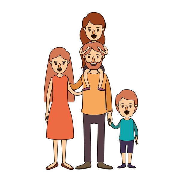 кольорове зображення карикатурні батьки сім'ї з дівчиною на спині і хлопчик взяв руки
 - Вектор, зображення