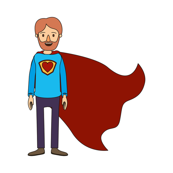 kleur beeld karikatuur hoofdgedeelte super dad held met baard en hart symbool in uniform - Vector, afbeelding