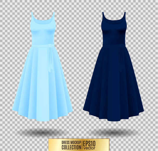 Womens dress mockup collection. Dress with long pleated skirt. Realistic vector illustration. Fully editable handmade mesh. Festive dress without sleeves. Light, bright and dark blue variation. - Vector, afbeelding