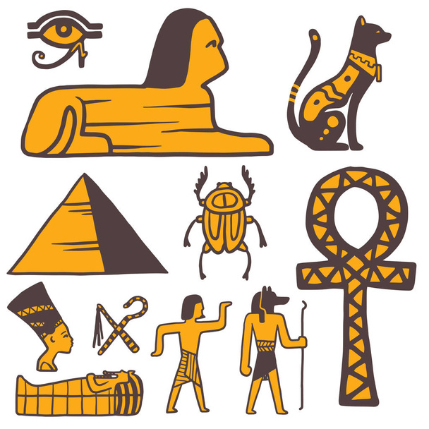 Egipto viaje historia sybols dibujado a mano diseño tradicional jeroglífico vector ilustración estilo
. - Vector, Imagen