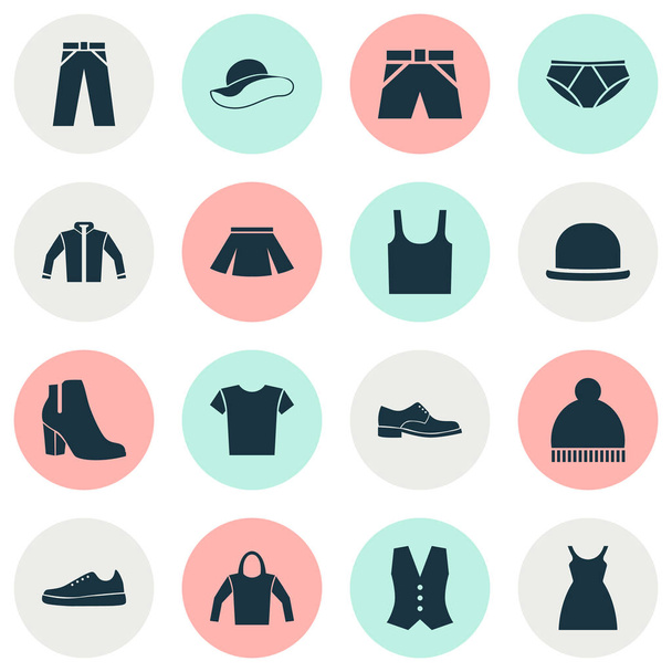 Garment Icons Set. Collection Of Trunks Cloth, Briefs, Sweatshirt And Other Elements. Also Includes Symbols Such As Gumshoes, Skirt, Leggings. - Vector, Image