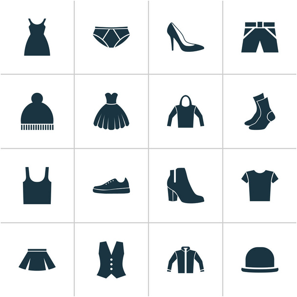 Dress Icons Set. Коллекция Casual, Panama, Trunks Cloth and Other Elements. Также включает в себя такие символы, как платье, сапоги, жилет
. - Вектор,изображение