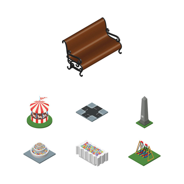 Isometrisch City Set van vergadering, wip, carrousel en andere vectorobjecten. Ook omvat Bench, Monument, Crossroad elementen. - Vector, afbeelding