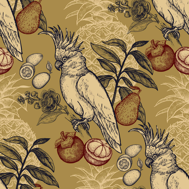 Seamless pattern with exotic fruit and cockatoo. - Vektori, kuva