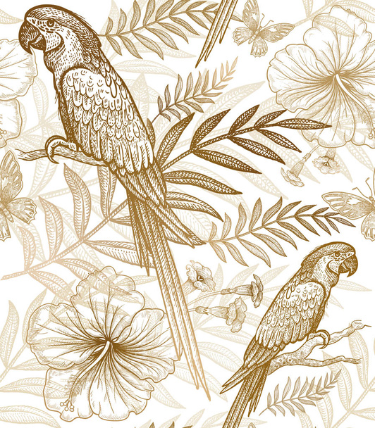Seamless pattern with exotic plants and parrots. - Διάνυσμα, εικόνα