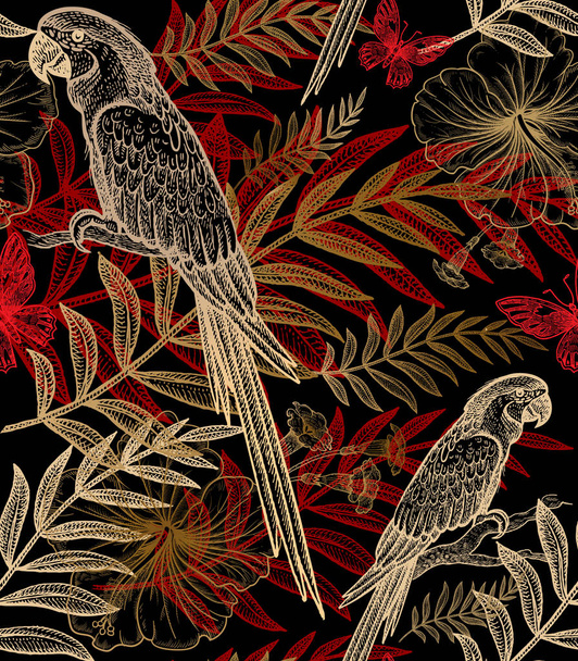 Seamless pattern with exotic plants and parrots. - Vektori, kuva