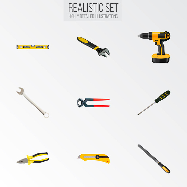 Realistic Spanner, Carpenter, Electric Screwdriver And Other Vector Elements. Set Of Tools Realistic Symbols Also Includes Key, Screwdriver, Ruler Objects. - Vector, Image
