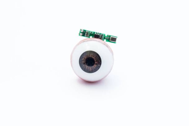 anatomisches Modell des menschlichen Auges oder Augapfels mit digitalem künstlichen Mikrochip auf weißem Hintergrund. Behandlung von Sehverlust, Blindheit, Augenkrankheiten mit Hilfe fortschrittlicher digitaler bionischer Implantate - Foto, Bild