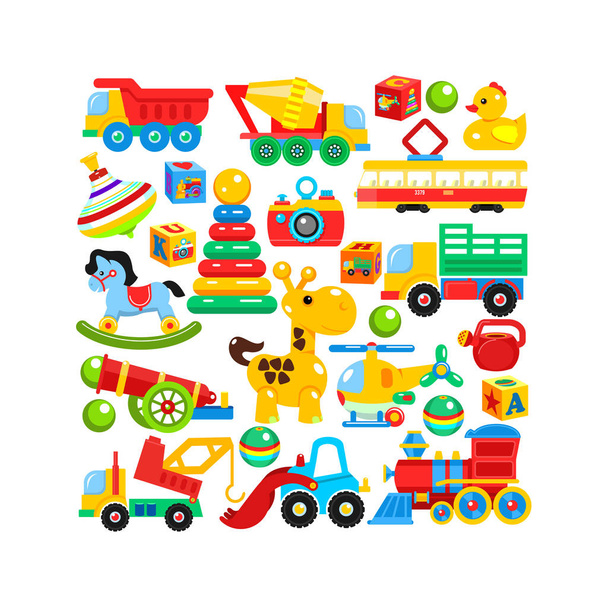 Ensemble de jouets pour enfants disposés en forme de rectangle. Illustration vectorielle
. - Vecteur, image