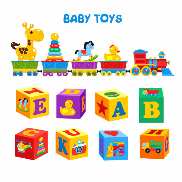 Jogo de brinquedos de crianças de vetor. Um conjunto de cubos com imagens coloridas e o alfabeto. O trem carrega os brinquedos, incluindo uma girafa, pato, cavalo, pirâmide
. - Vetor, Imagem