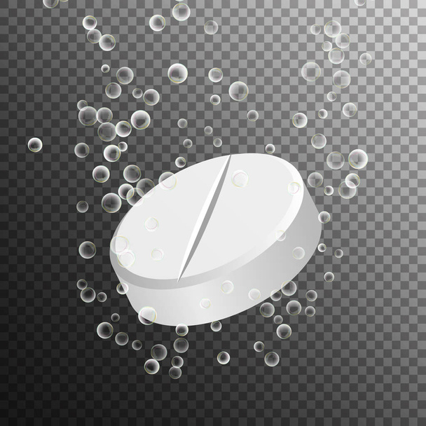 発泡性の薬。溶解炭酸タブレット。白い丸い錠剤の泡が水に落ちる。透明な背景。3 d のリアルなイラスト - ベクター画像