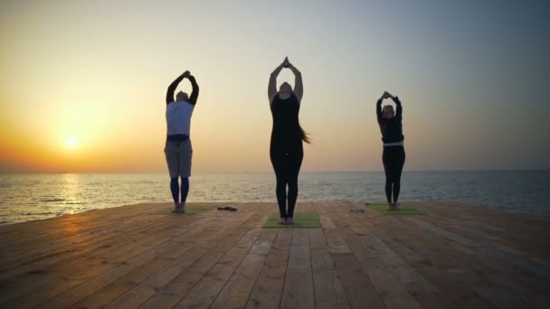 Vrienden doet yoga op de houten pier op de zee slow motion - Video
