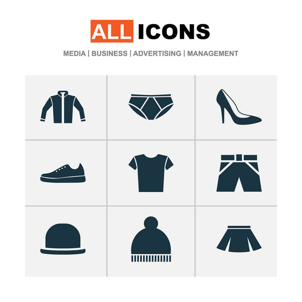 Dress Icons Set. Collection Of Cardigan, Heel Footwear, Stylish Apparel And Other Elements. Also Includes Symbols Such As Casual, Panama, Footwear. - Vector, Image