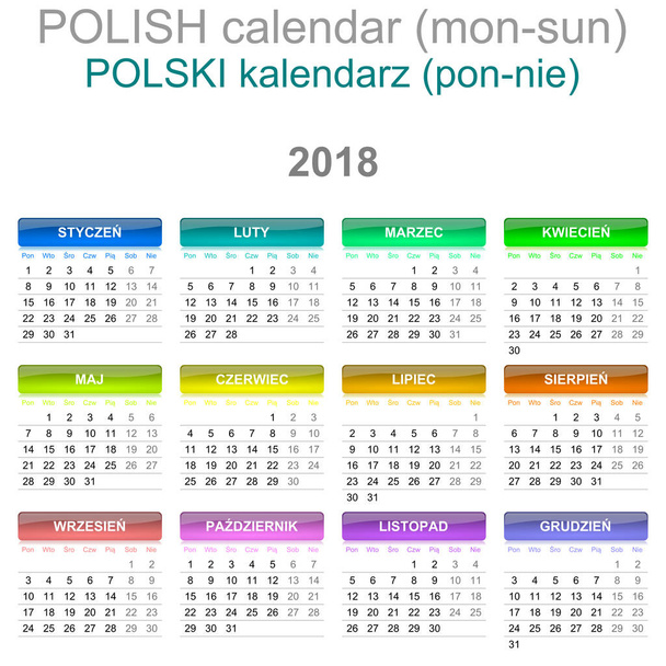 2018 ημερολόγιο πολωνική γλώσσα Δευτέρα έως Κυριακή - Φωτογραφία, εικόνα