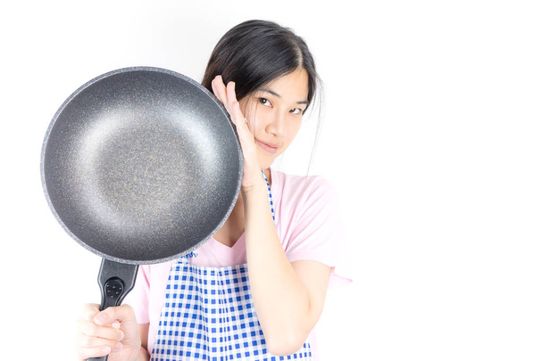 Asian housewife cooker with cooking pan isolated on white copy space - Photo, image