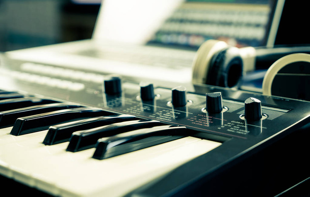 Synthesizer keyboard on home music studio set up - Photo, Image