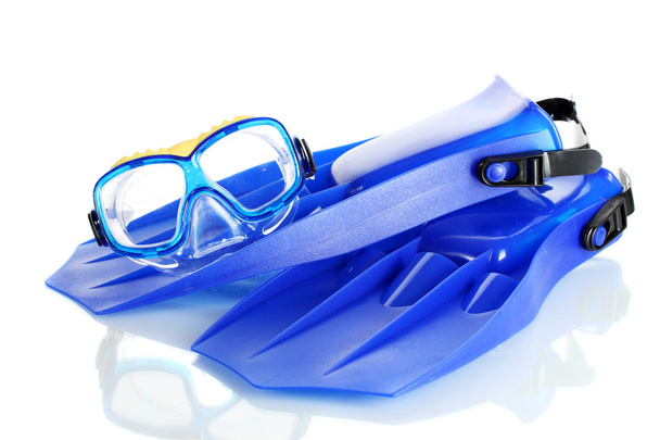 blue flippers and mask isolated on white - Foto, afbeelding