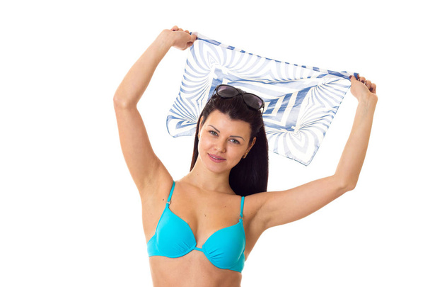 Woman in swimming suit with shawl and sunglasses - Foto, Imagen