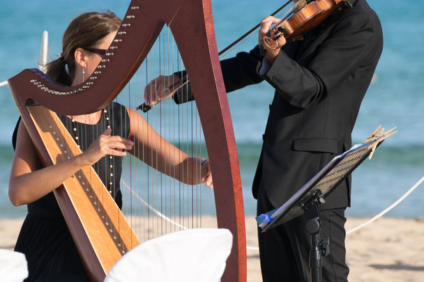 Harppu ja viulu konsertti meren rannalla hääpäivä
. - Valokuva, kuva