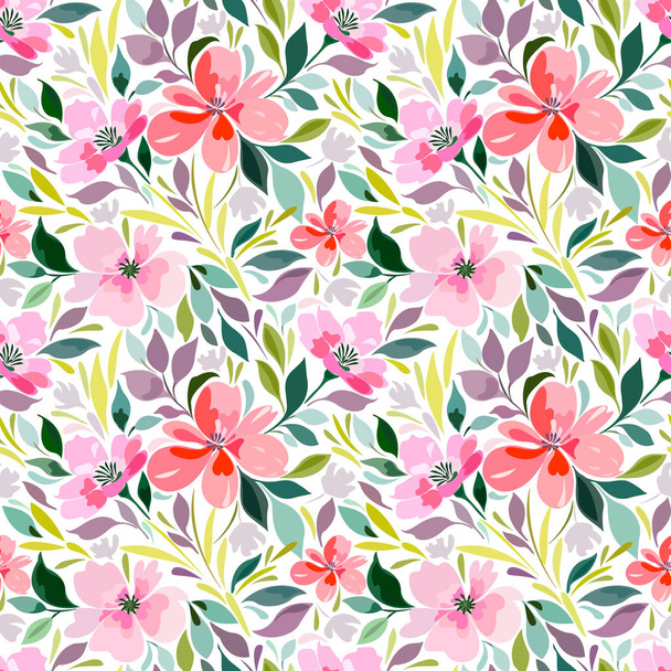  Seamless pattern with floral print, bright summer pattern, flowers, foliage.. - Vector, imagen