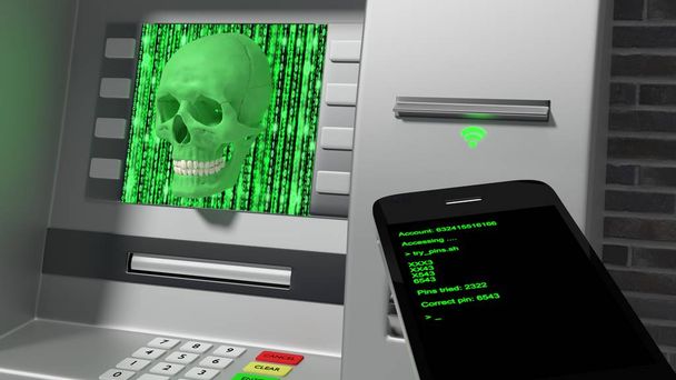 Mobile phone hacking a wireless ATM with a green skull - Photo, Image