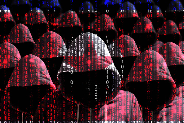 Gruppo di hacker incappucciati che brillano attraverso un f nordcoreano digitale
 - Foto, immagini