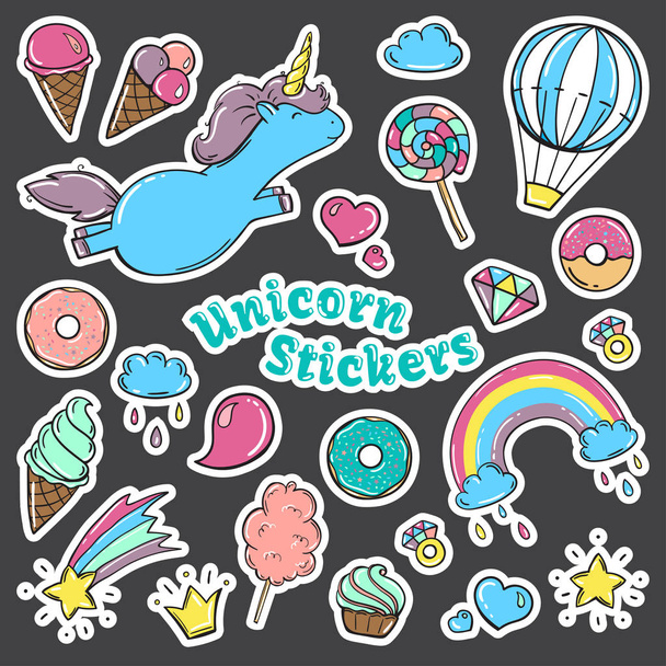Unicorn sweet set of stickers, pins, patches in cartoon comic style. - Vector, Image