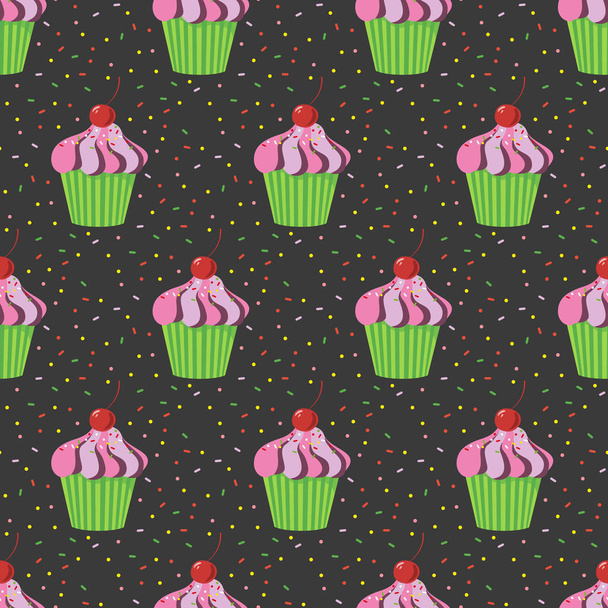 Seamless pattern with cupcakes on the black background.  - Vektör, Görsel