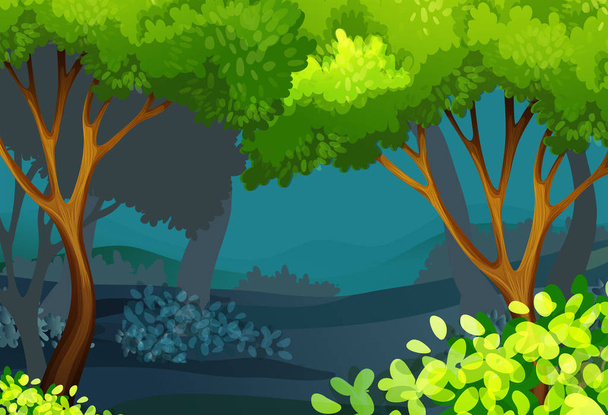Лесная сцена с деревьями и кустами
 - Вектор,изображение
