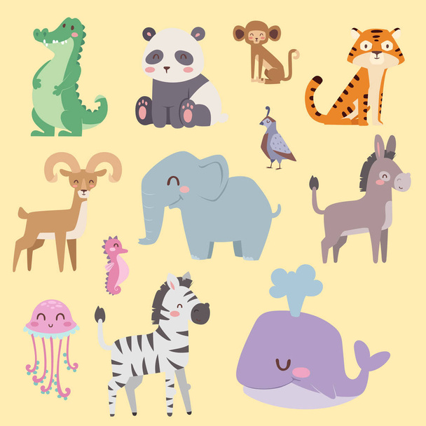 Aranyos zoo karikatúra állatok elkülönített vicces wildlife aranyos nyelvet tanulni, és trópusi jellegű safari emlős dzsungel magas karakterek vektoros illusztráció. - Vektor, kép