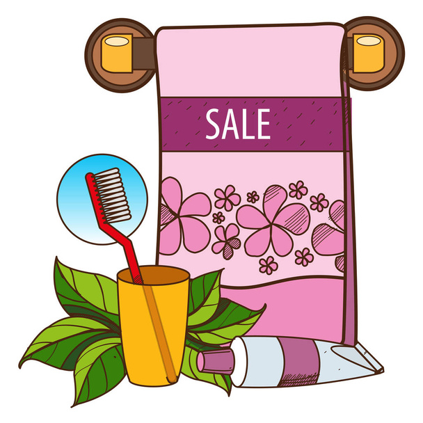 Sale. Towel, toothpaste, hygiene. - Vector, Image