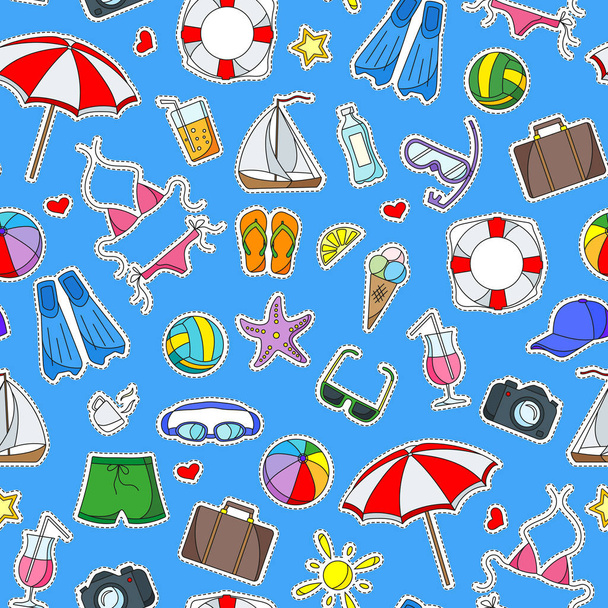 Modèle sans couture sur le thème des vacances d'été dans les pays chauds, simples taches icônes de couleur sur un fond bleu
 - Vecteur, image