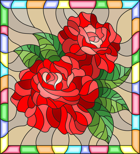 Illustration in stained glass style with flowers and leaves of  red rose on brown background in a bright a frame - Vector, Image