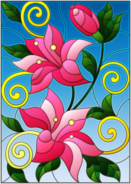 Illustration in stained glass style with flowers and leaves  of lilies  - Vector, Image
