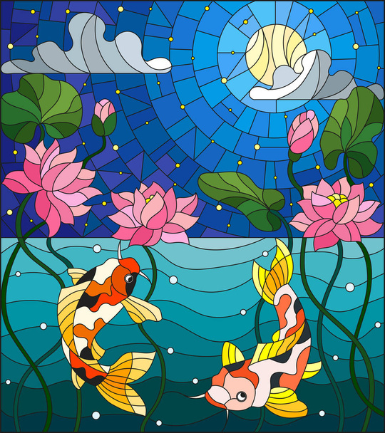 Illustration in stained glass style with koi fish and Lotus flowers on a background of the starry sky and water - ベクター画像