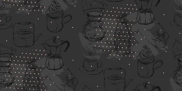handgemachte Vektor abstrakte texturierte grafische Illustration von Kaffeemaschine, Tassen, Cupcakes und Teekannen auf schwarzem Hintergrund. Design für Geschäft, Web, Geschäft, Dekoration, Mode, Stoff, Menü, bar.polka dot Textur. - Vektor, Bild