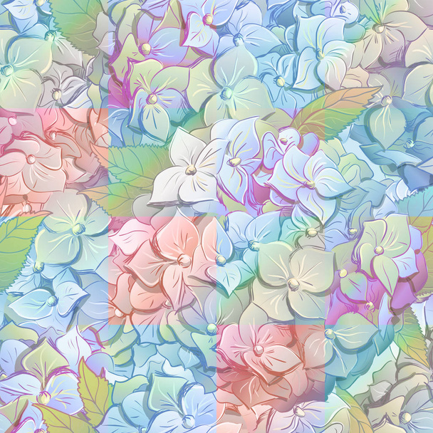 Inflorescence Hydrangea randomly arranged in seamless pattern, vector illustration in hand drawing style. - Вектор, зображення