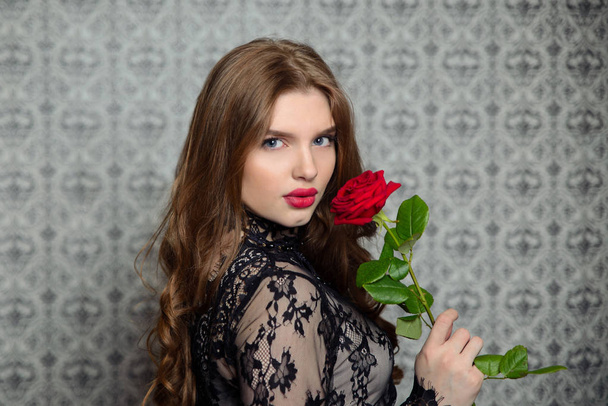 girl with plump lips in lace dress - Zdjęcie, obraz