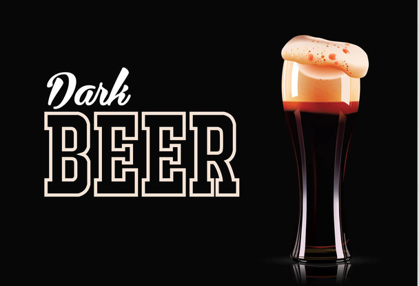 Elegant beer glass template. Photo-realistic vector illustration of dark beer on black background. - Vector, imagen