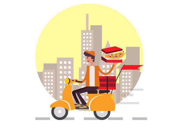 Pizza delivery boy riding motor bike isolated on city background - Vector, Image